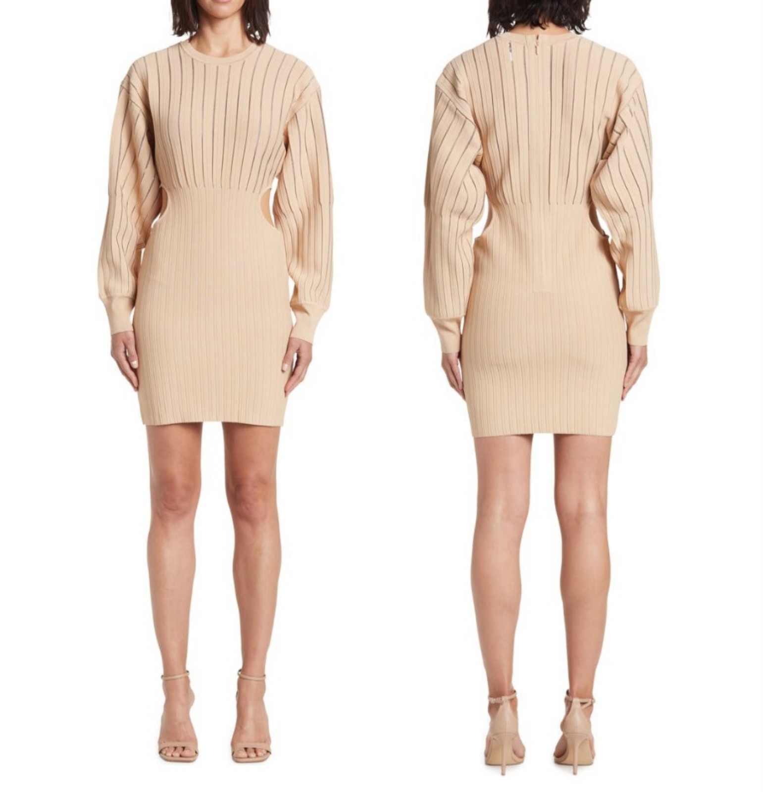 HERVE LEGER Cutout Shadow Stripe Body-Con Mini Dress in Sesame Tan Brown