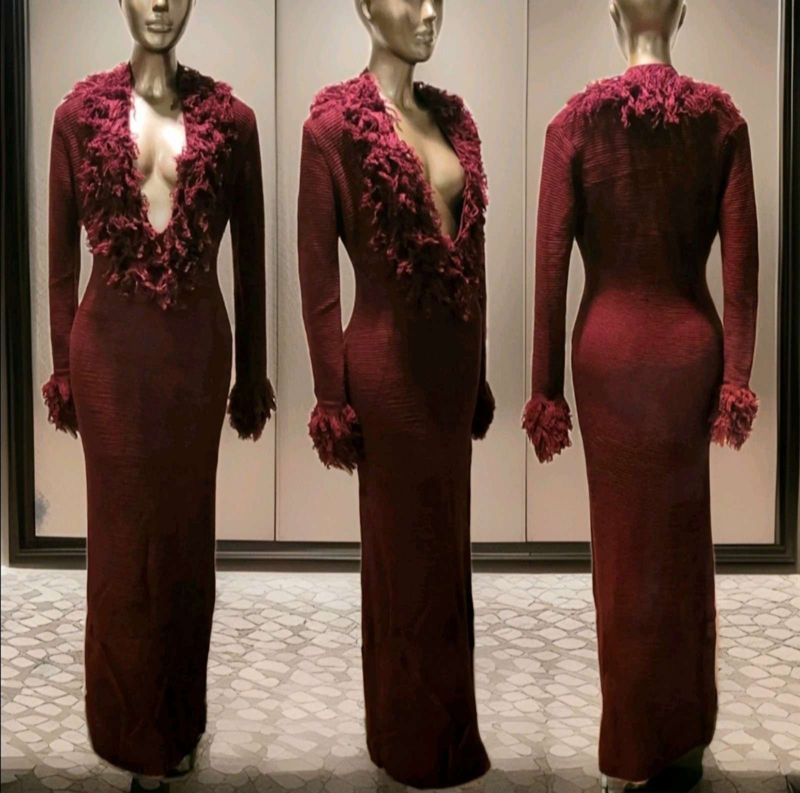 NWT Sexy Burgandy Deep V Neck Fringe Trim Bodycon Sweater Maxi Dress Sz M