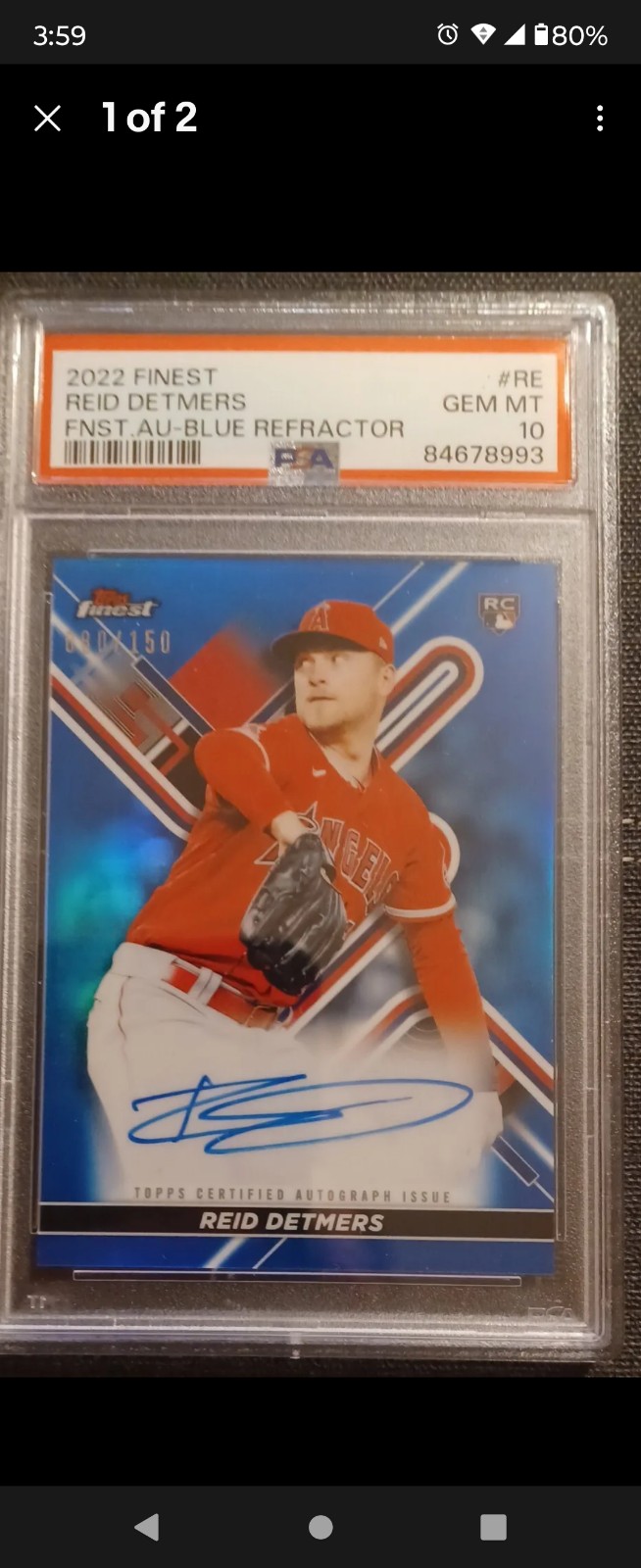 2022 Finest Reid Detmers Auto /150 Blue Refractor #FA-RE Angels Psa10