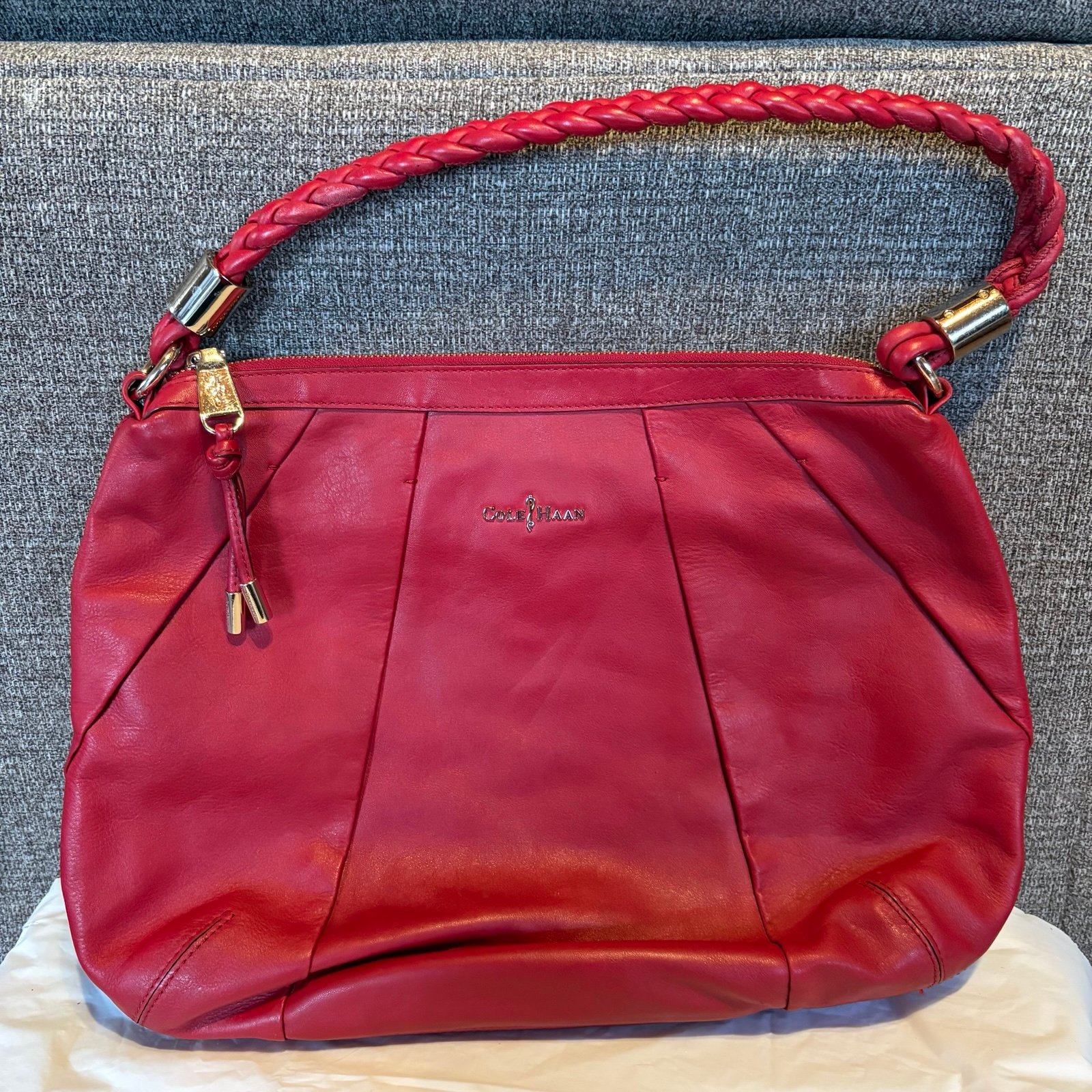Cole Haan Pleated Red Leather Shouderbag Braided Handle Gold Accents Old Money