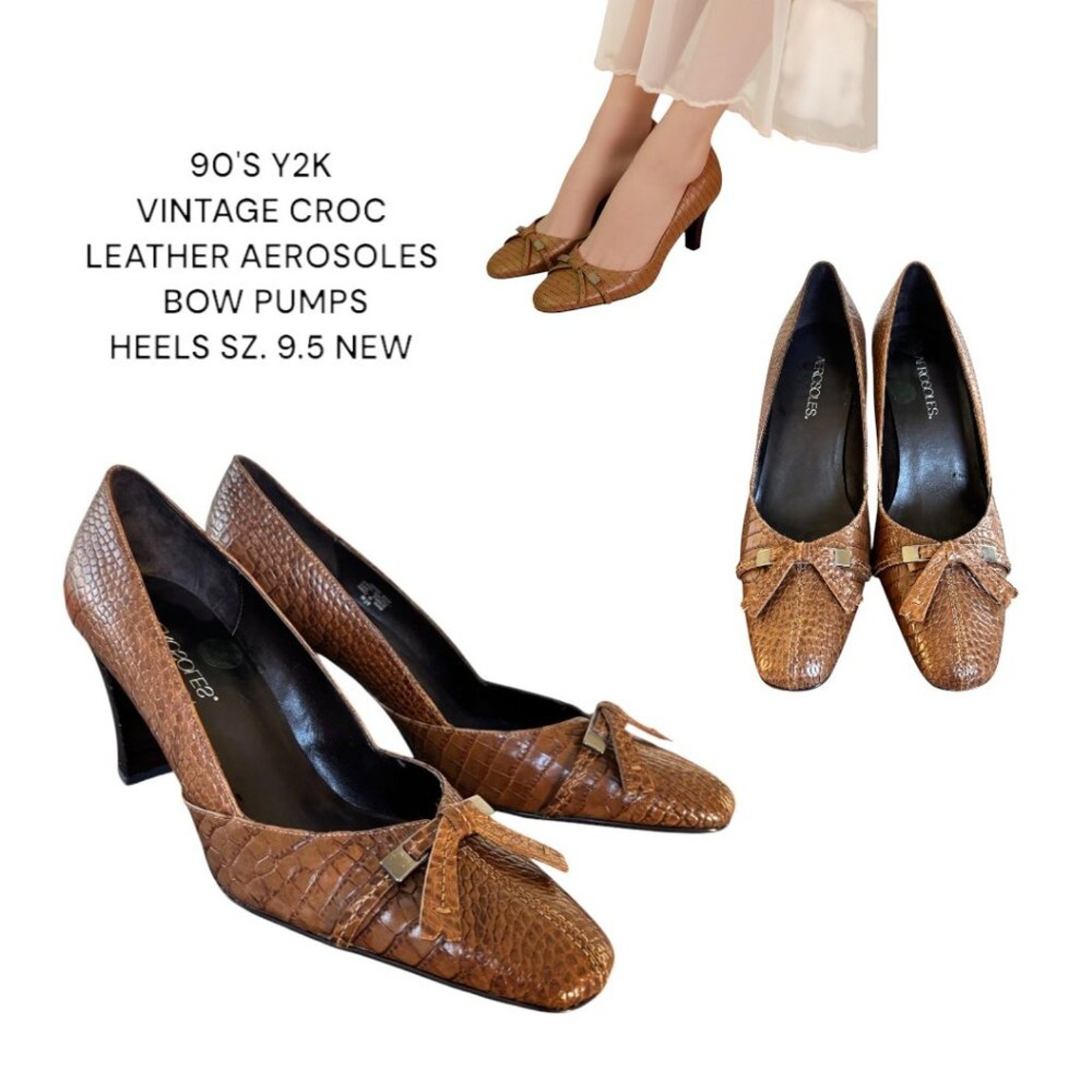 VINTAGE 90'S Y2K LEATHER CROC BOW AEROSOLES PUMPES HEELS 9.5 NEW