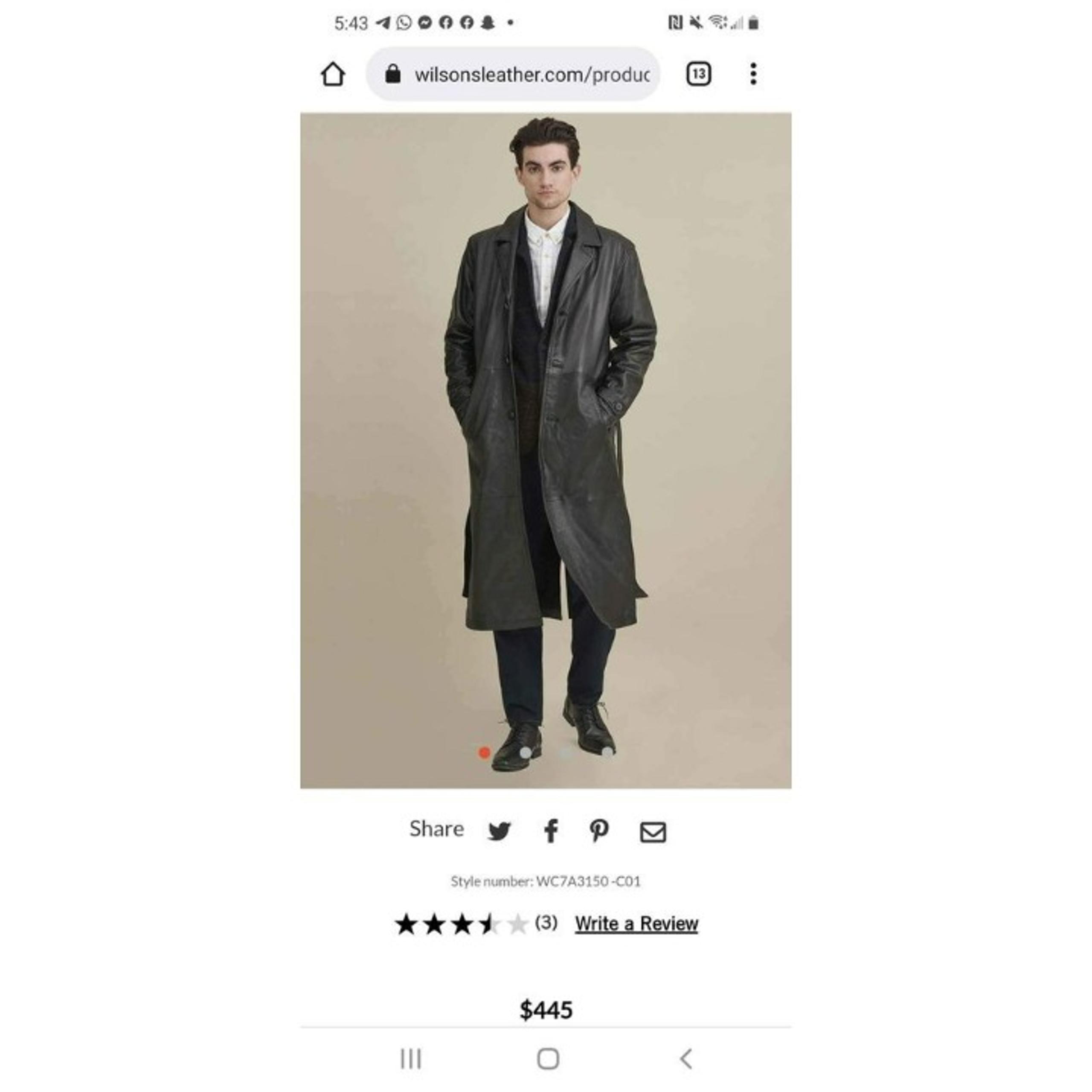 Wilson Leather Olive Belted Long Trench 100% Genuine Leather Black Coat Size Sma