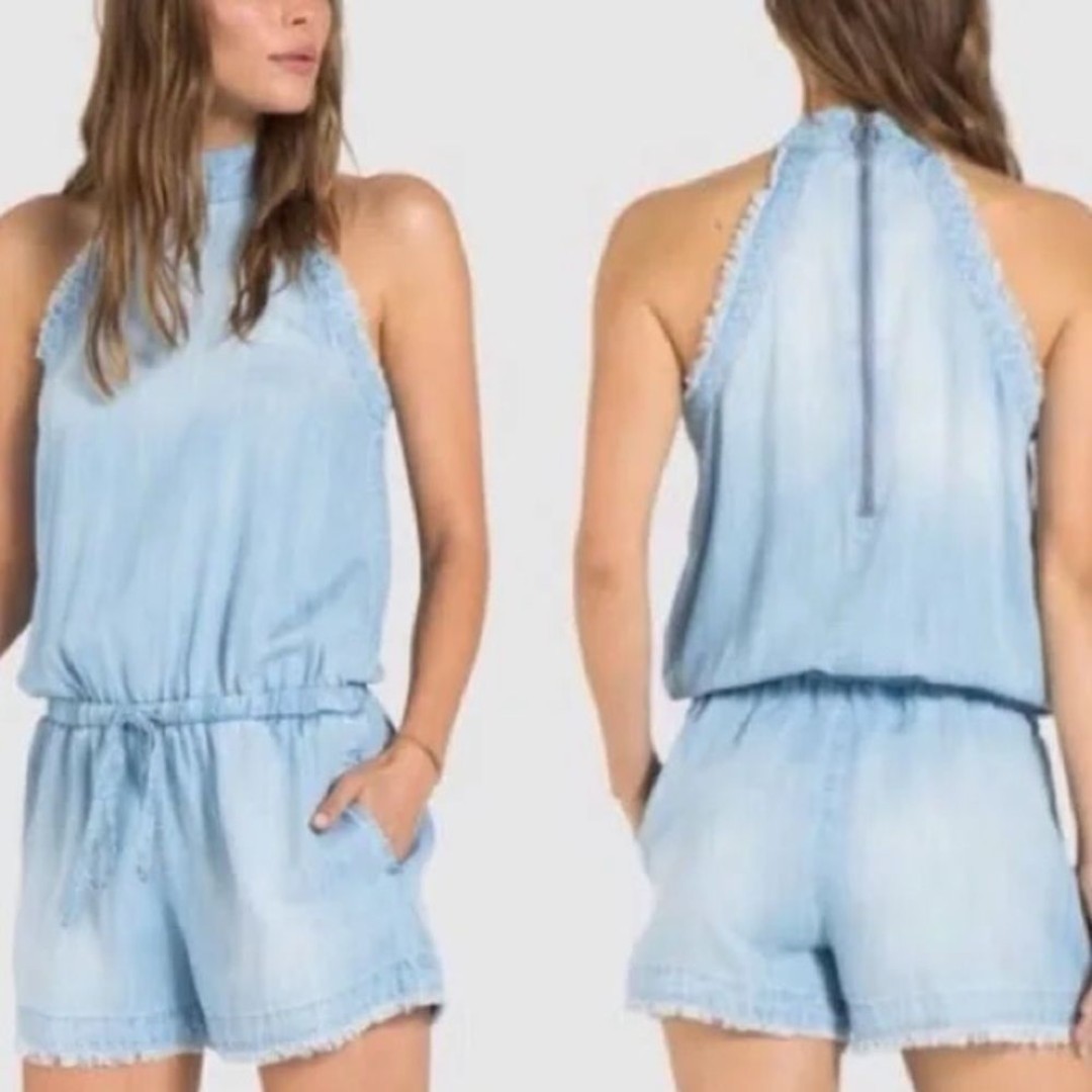Cloth & Stone Coastal Minimalist Neutral Tie Waist Blue Chambray Pocket Romper S