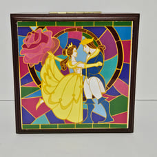 Rare Disney Beauty And The Beast Wood Jewelry Box Faux Stained Glass Storage