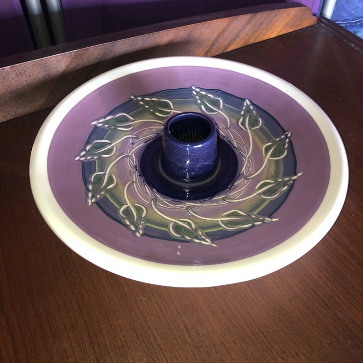Gorgeous Ikebana Pottery Flower Frog Vase Dish Purple Artisan ￼11”