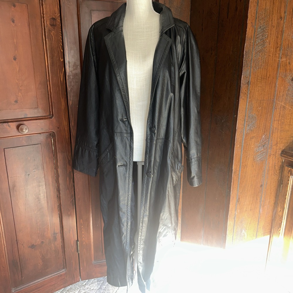 Vintage G-III Women's Long Black GENUINE LEATHER Trench Coat Jacket Large - EUC
