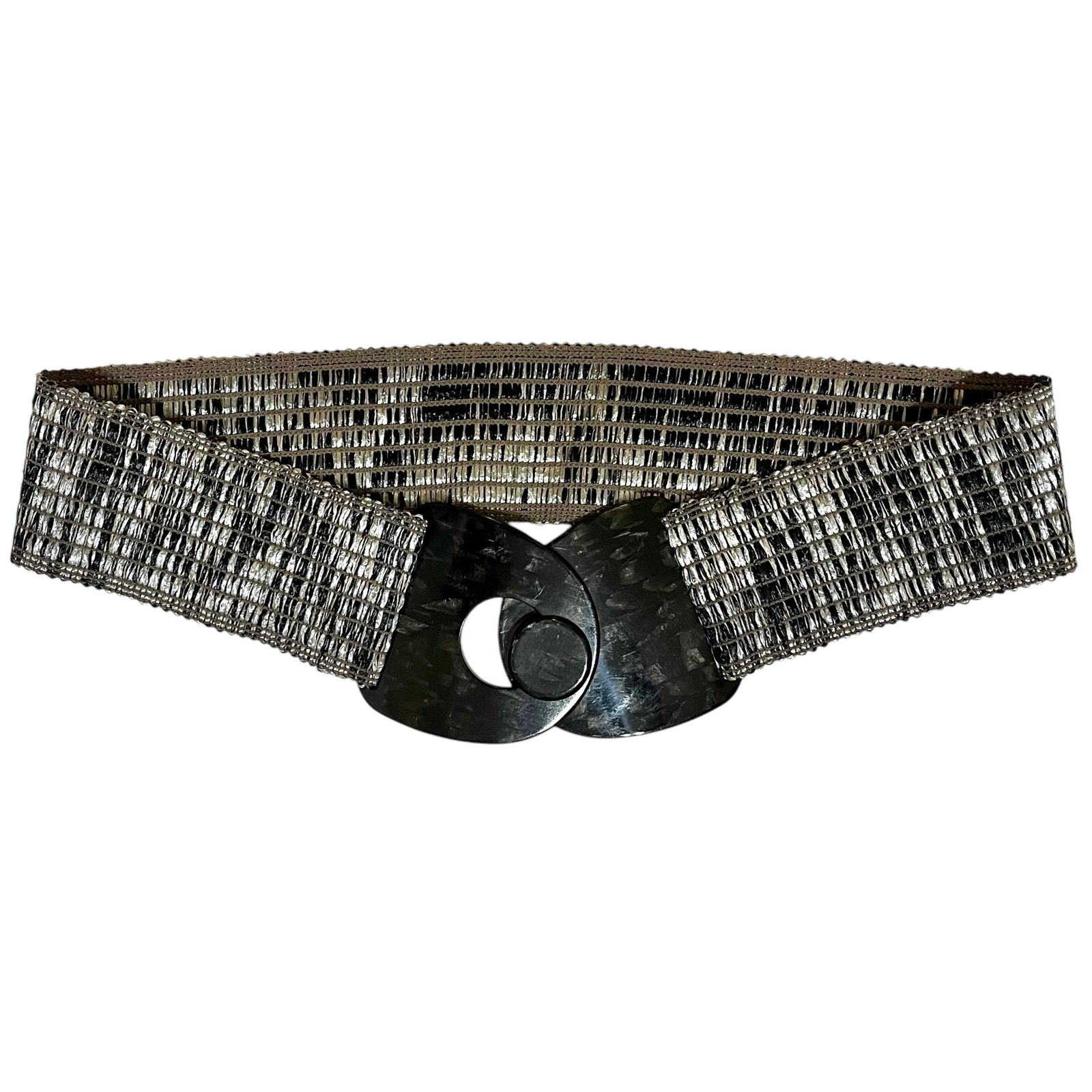 Suzi Roher Black White Raffia Straw Stretch Belt Acrylic Buckle - Women's Size L
