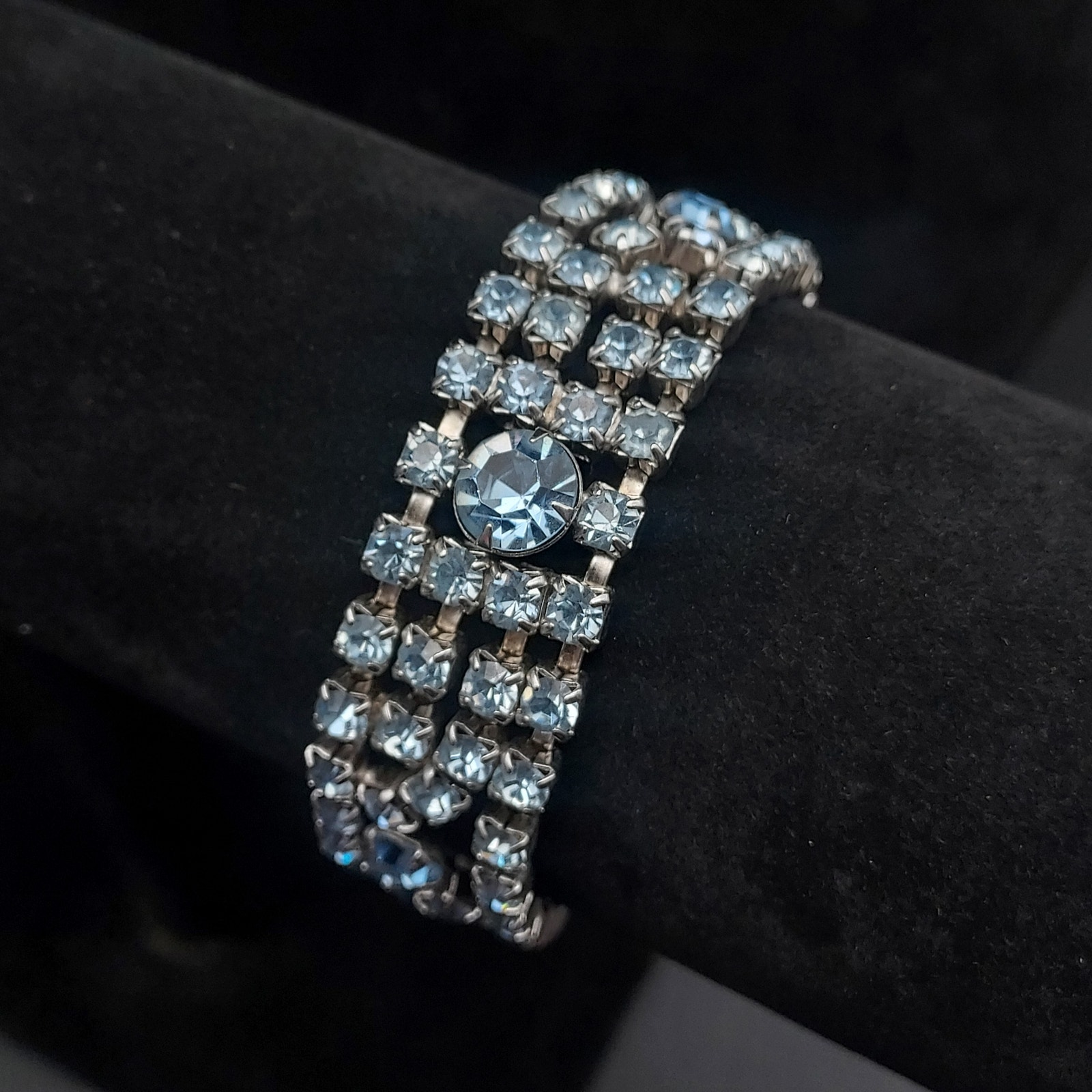 Kramer of NY Blue Rhinestone Bracelet 4 Rows Vintage 1960s Glam Costume Jewelry