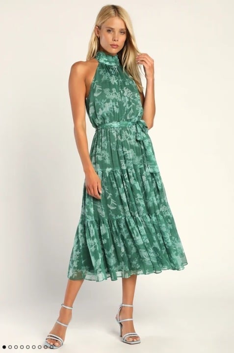 Lulu's Float to You Green Floral Print Halter Tiered Midi Dress NWOT