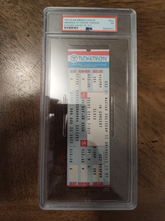 ELVIS PRESLEY 08/22/1977 (DIED 8/16) UNUSED NASSAU COLISEUM CONCERT TICKET PSA 7