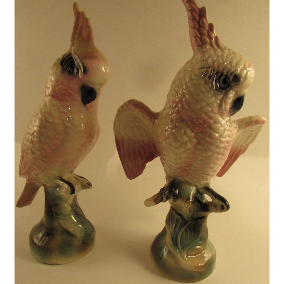 Vintage set of 2 pink cockatoo ceramic bird figurine mid-century open wings