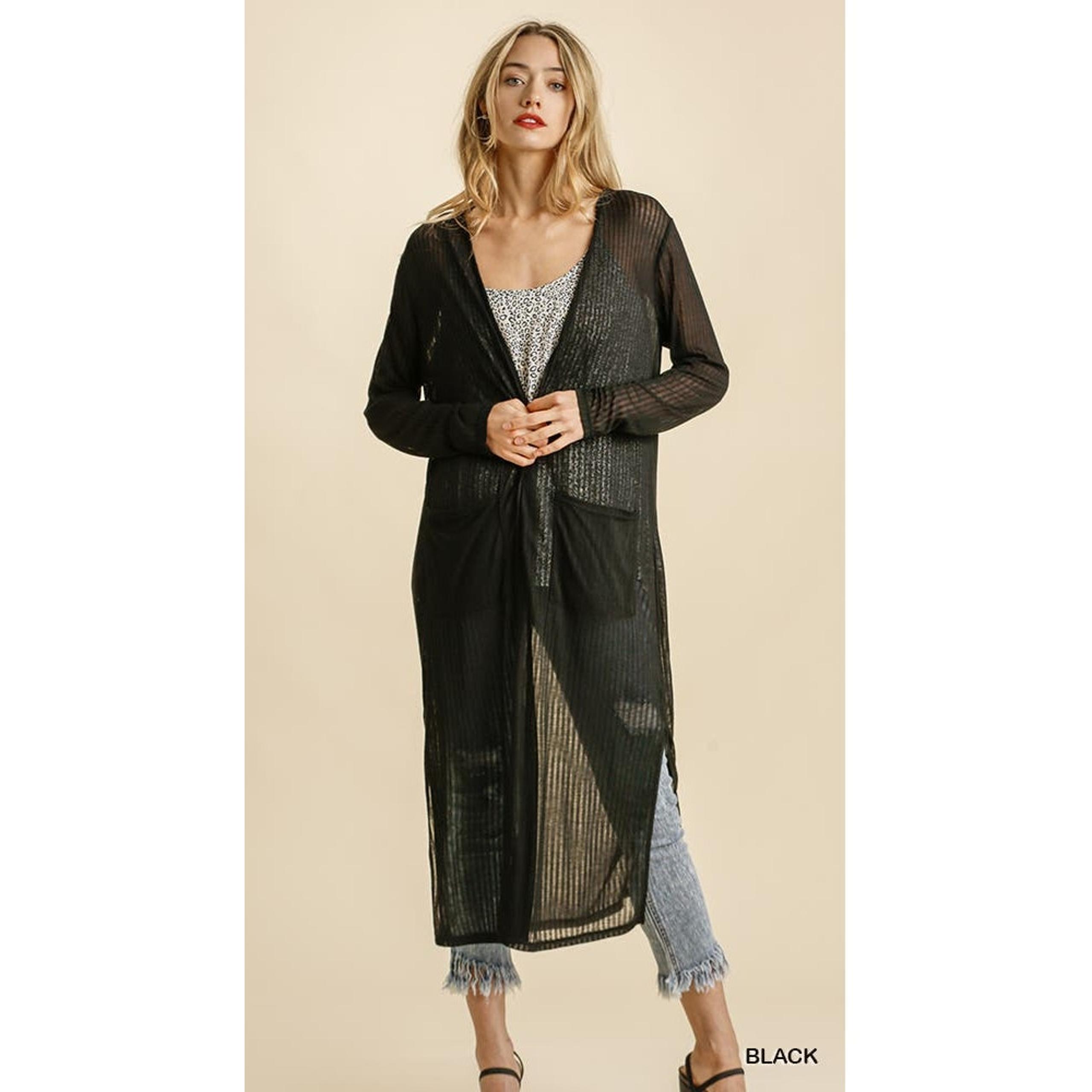 Umgee Black Sheer Open Front Long Ribbed Duster Pockets & Side Slits, Size S