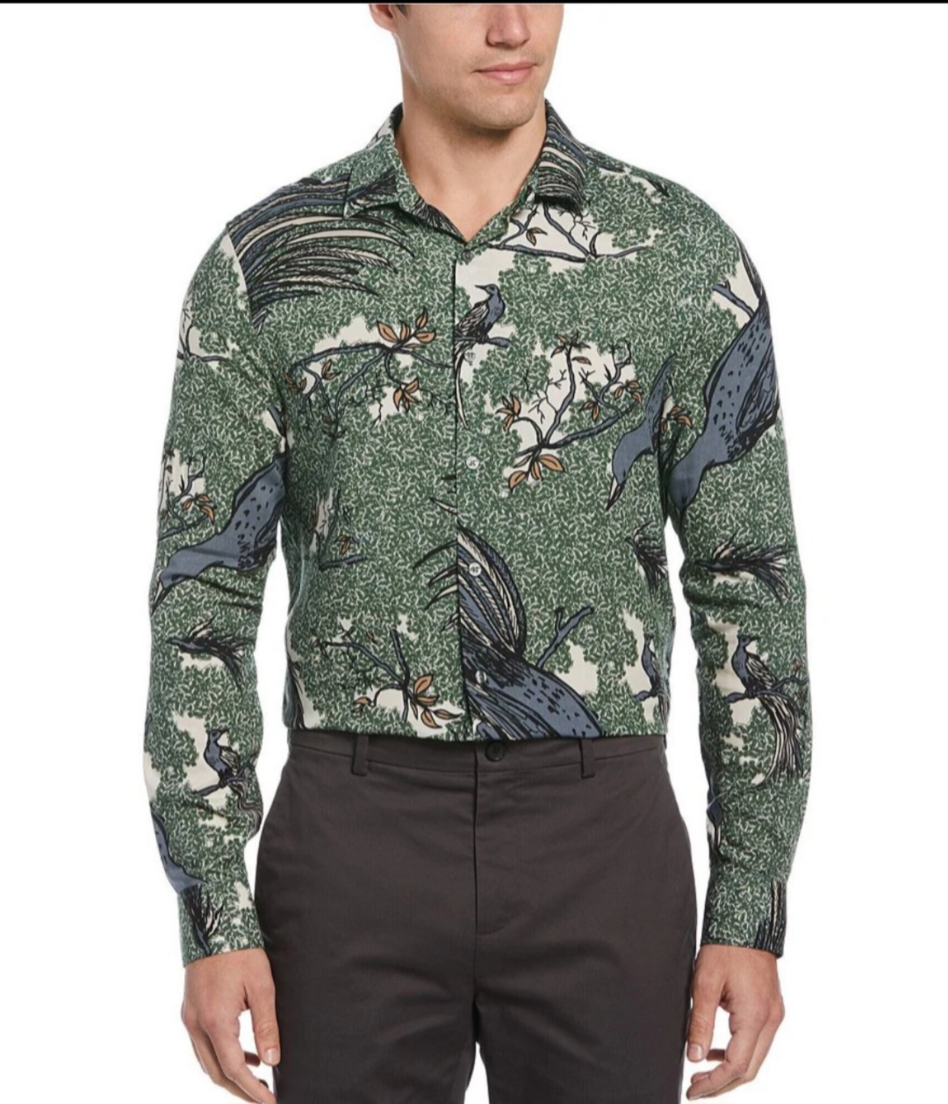 Perry EllisBig & Tall Bird Print Long Sleeve Woven Shirt