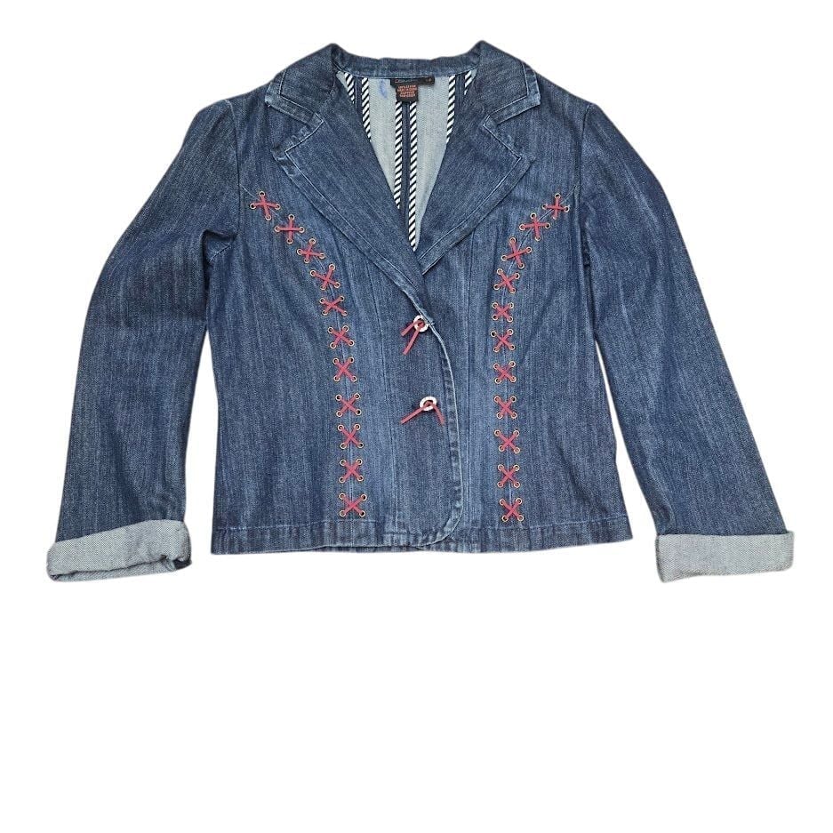 DStudio VTG Y2K Croppd Denim Jacket With Baseball Like Stitching Sz 10