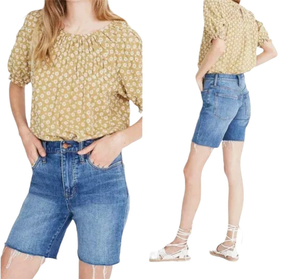 Madewell 30 jean shorts High-Rise Denim Mid-Length stretch medium wash raw hem