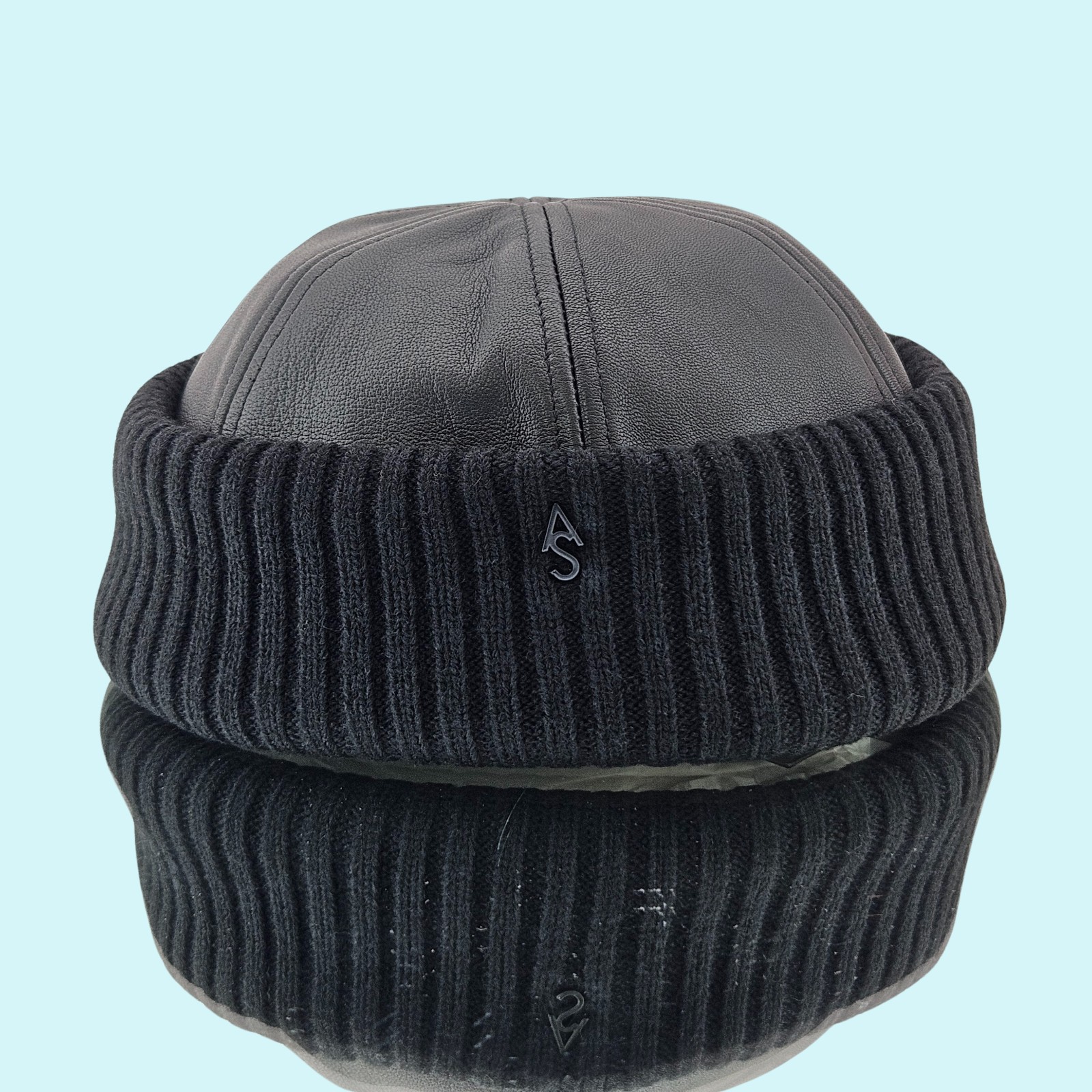 All Saints Hat Black Matte Black Leather Wool Blend 6 Panel Ribbed Skull Cap