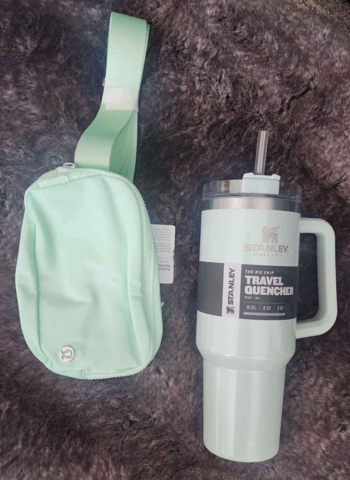 Stanley 40oz Shimmer Spearmint cup with matching mint colored Lululemon fanny
