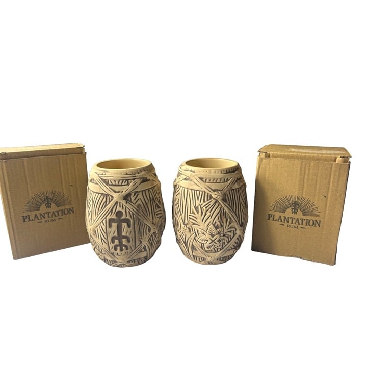 Plantation Rum Tiki Barrel Mugs Set 2 Art Hawaii Limited Edition Original Boxes
