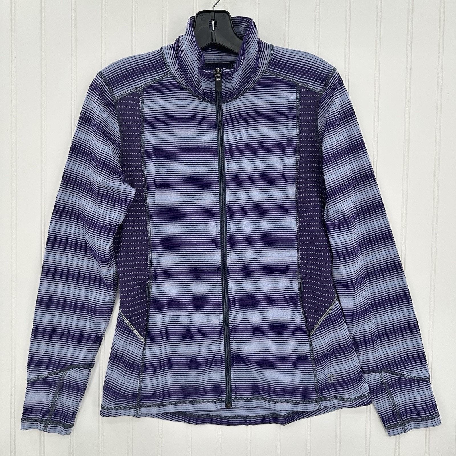 Title Nine Sweater Womens Small Full Zip Top Purple Stripes Jacket Thumbholes