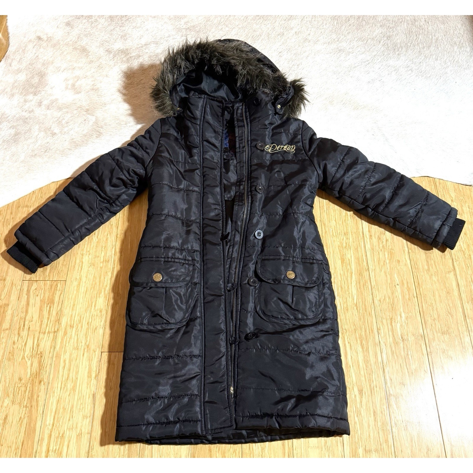 House of Dereon Juniors Size S Black Long Puffer Coat Gold Embroidery Fur Hooded