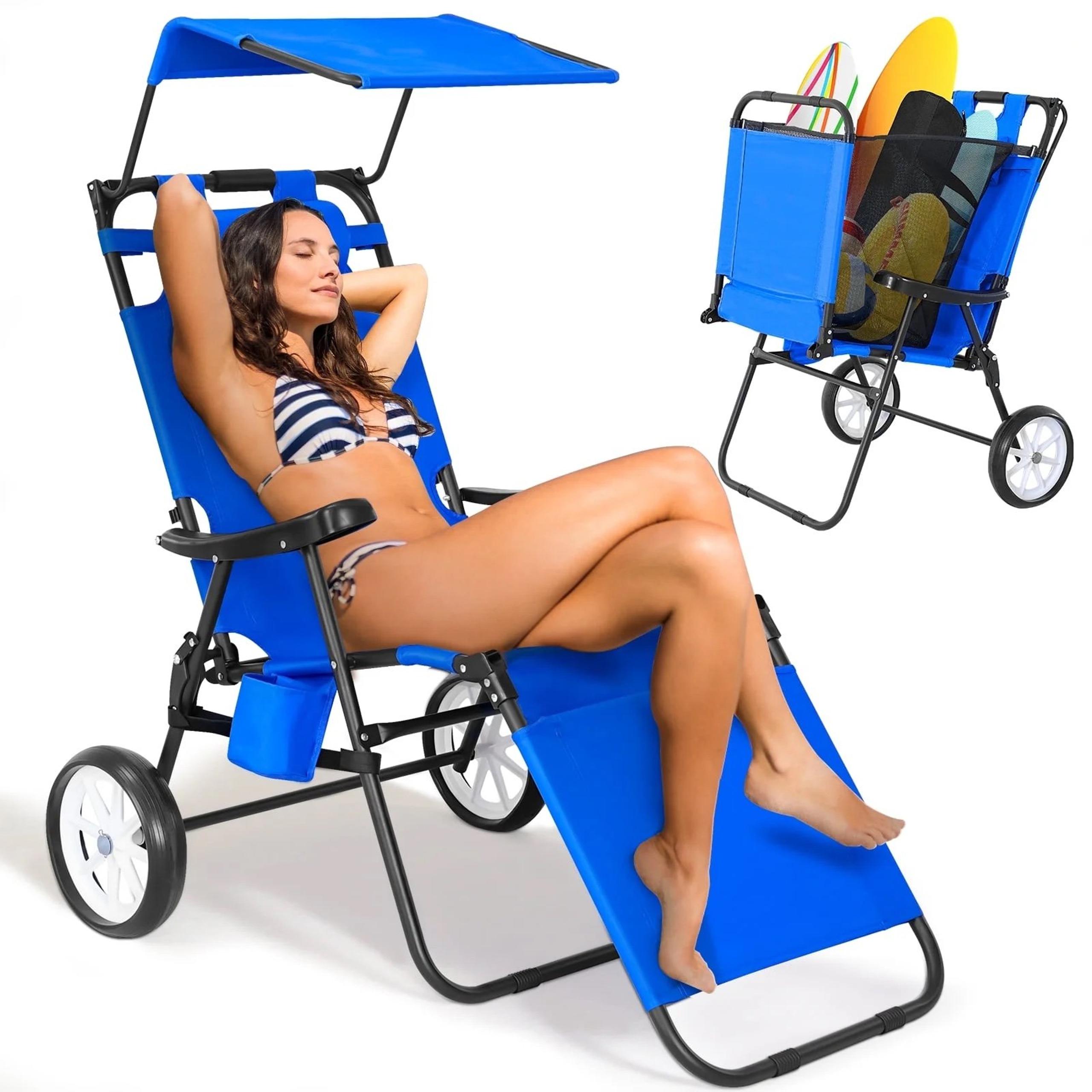 2 in 1 Beach Cart Chairs with Wheels, Heavy Duty Folding Tanning Chair