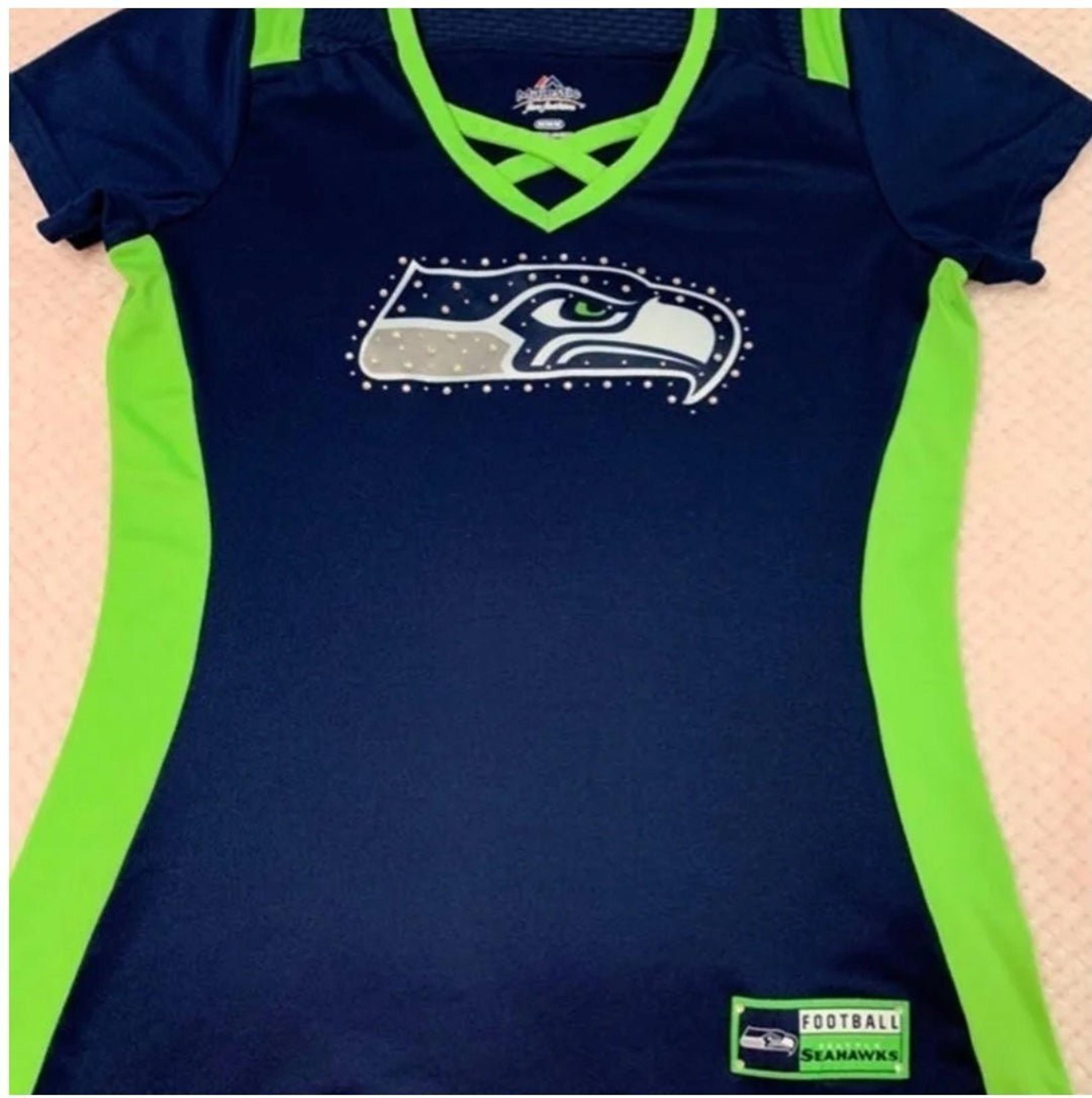 RareMajestic Women's T Shirt V Neck  Seattle Seahawks Football Rhinestone size M