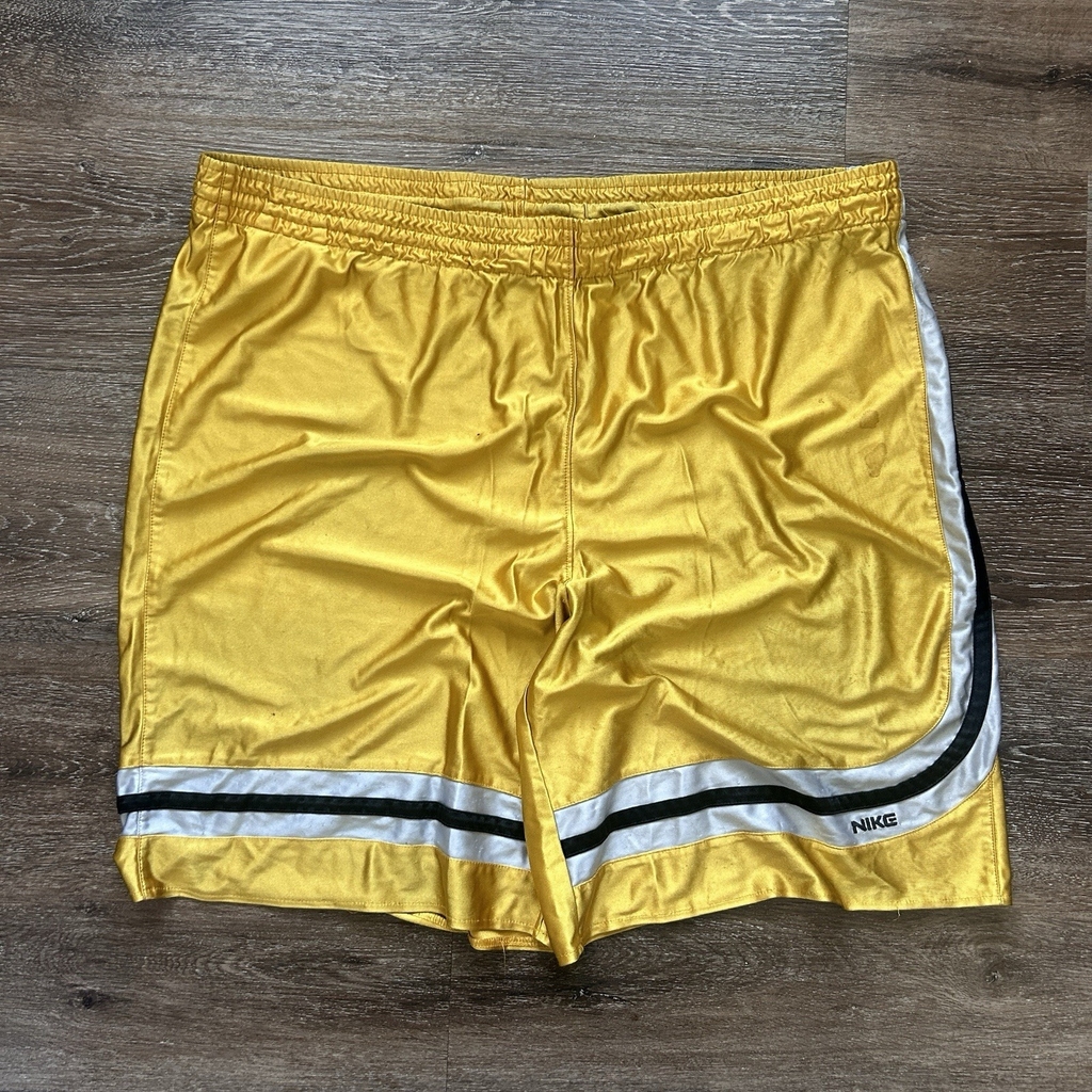 Vintage Nike Basketball Shorts Mens XXL Dazzle Gold Shiny Silky Baggy Y2K Swoosh