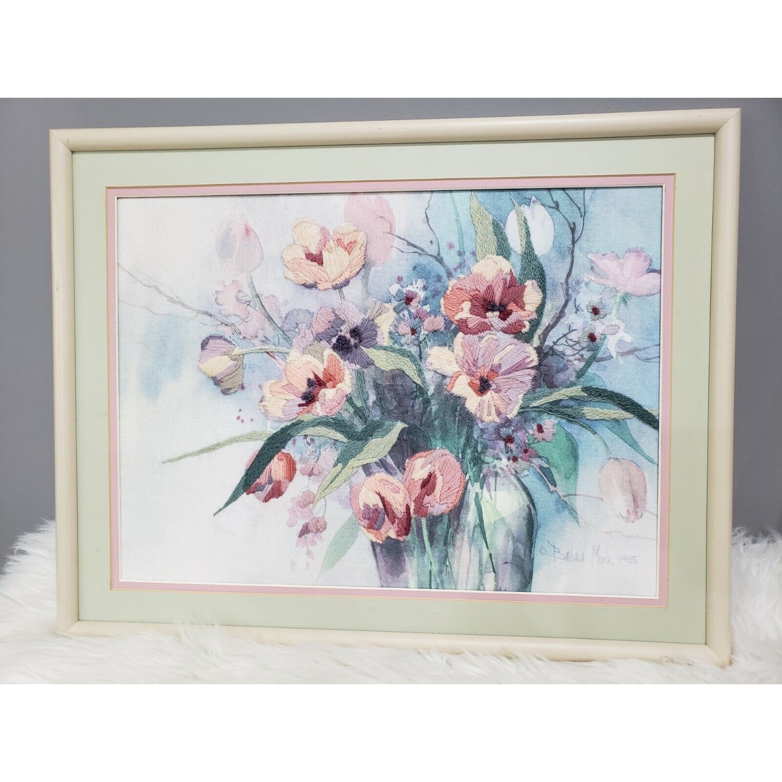Vintage Flower Completed Crewel wall art framed Spring Pastel water color decor