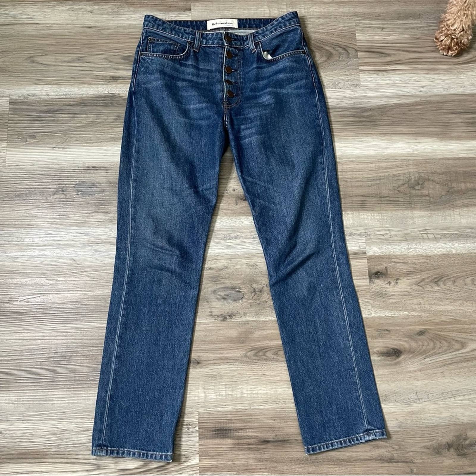 Reformation Winona Mid Slim Button Fly Jeans in Baltic Wash 27