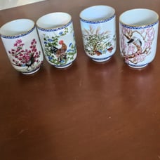 Set of 4 Kinuko Yamabe Hand Painted Porcelain Tea Sake Cup Birds & Flowers