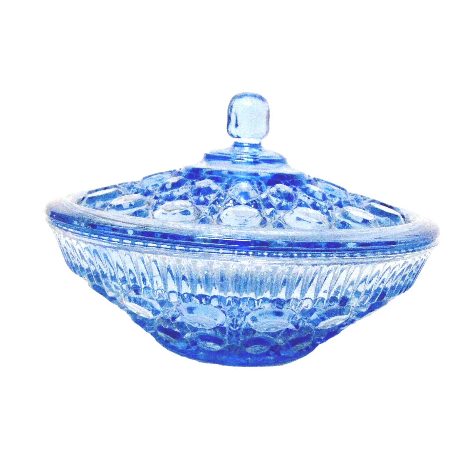 VTG Blue Glass COVERED CANDY DISH & LID 7.5 Large Round Covered Bowl