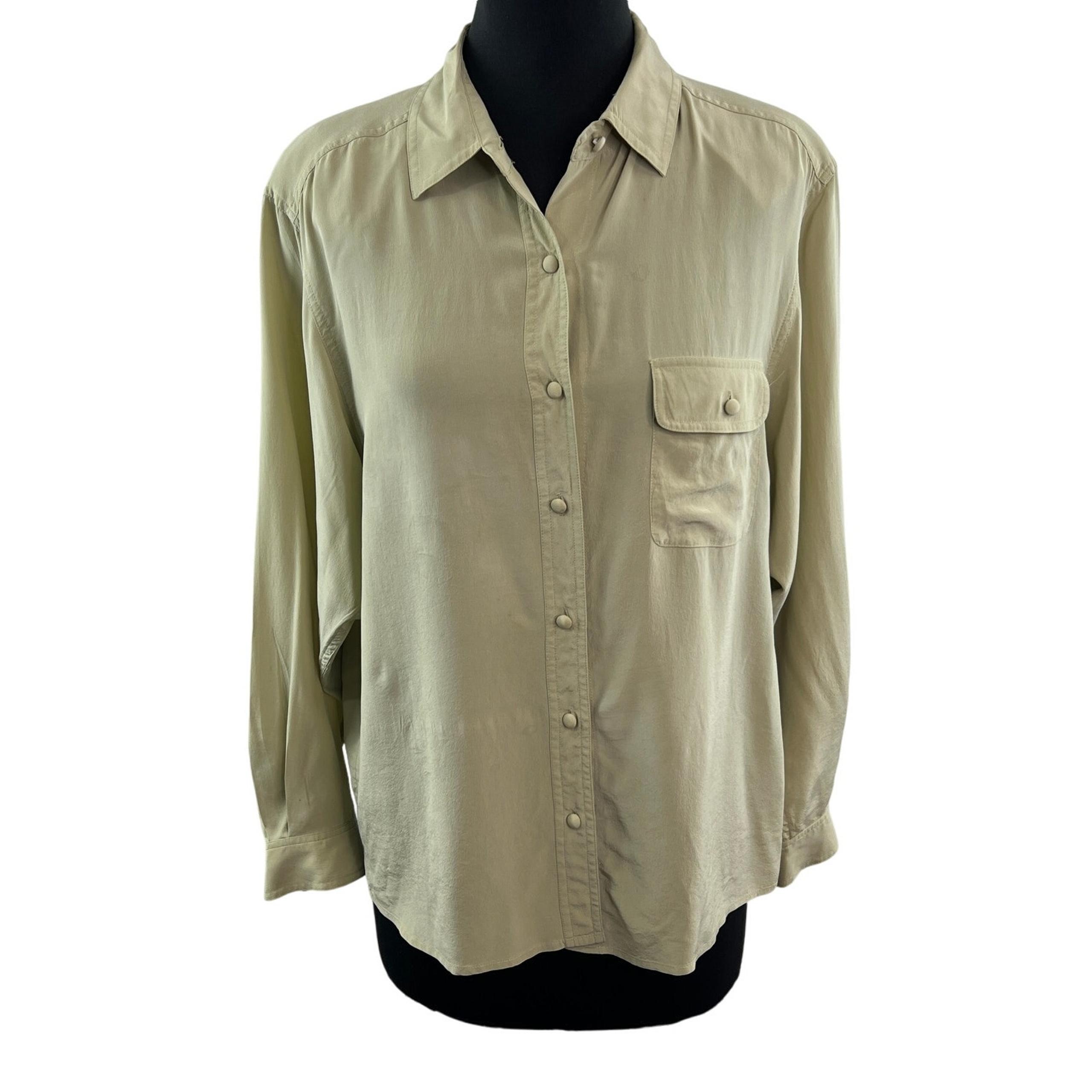 VINTAGE Ginny Hyde Beige Top Silk Collared Long Sleeve Button-Up Size Large L