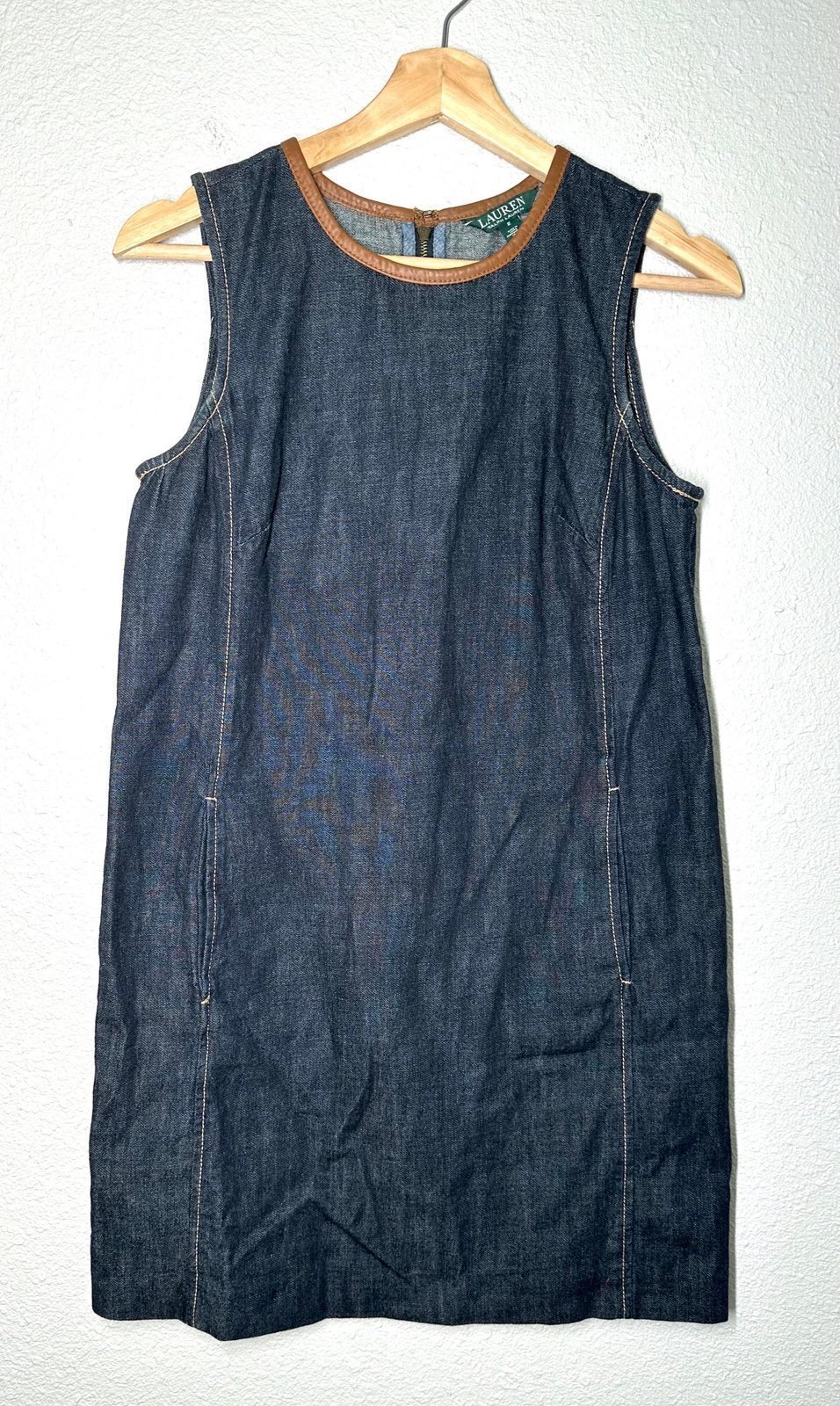 Lauren By Ralph Lauren Women's Dark Blue Denim Dress Leather Trim Size 2
