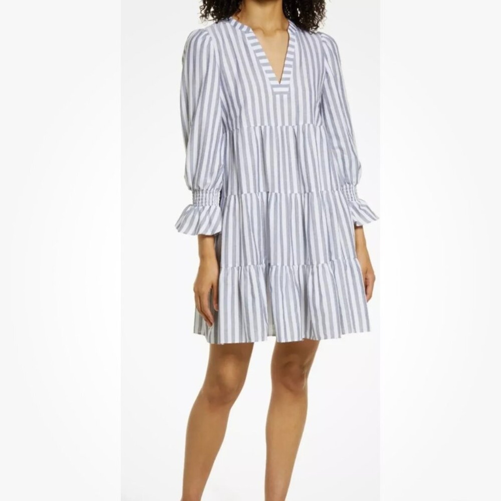 Eliza J Blue/White Stripe Tiered Long Sleeve Cotton Dress - Size 6