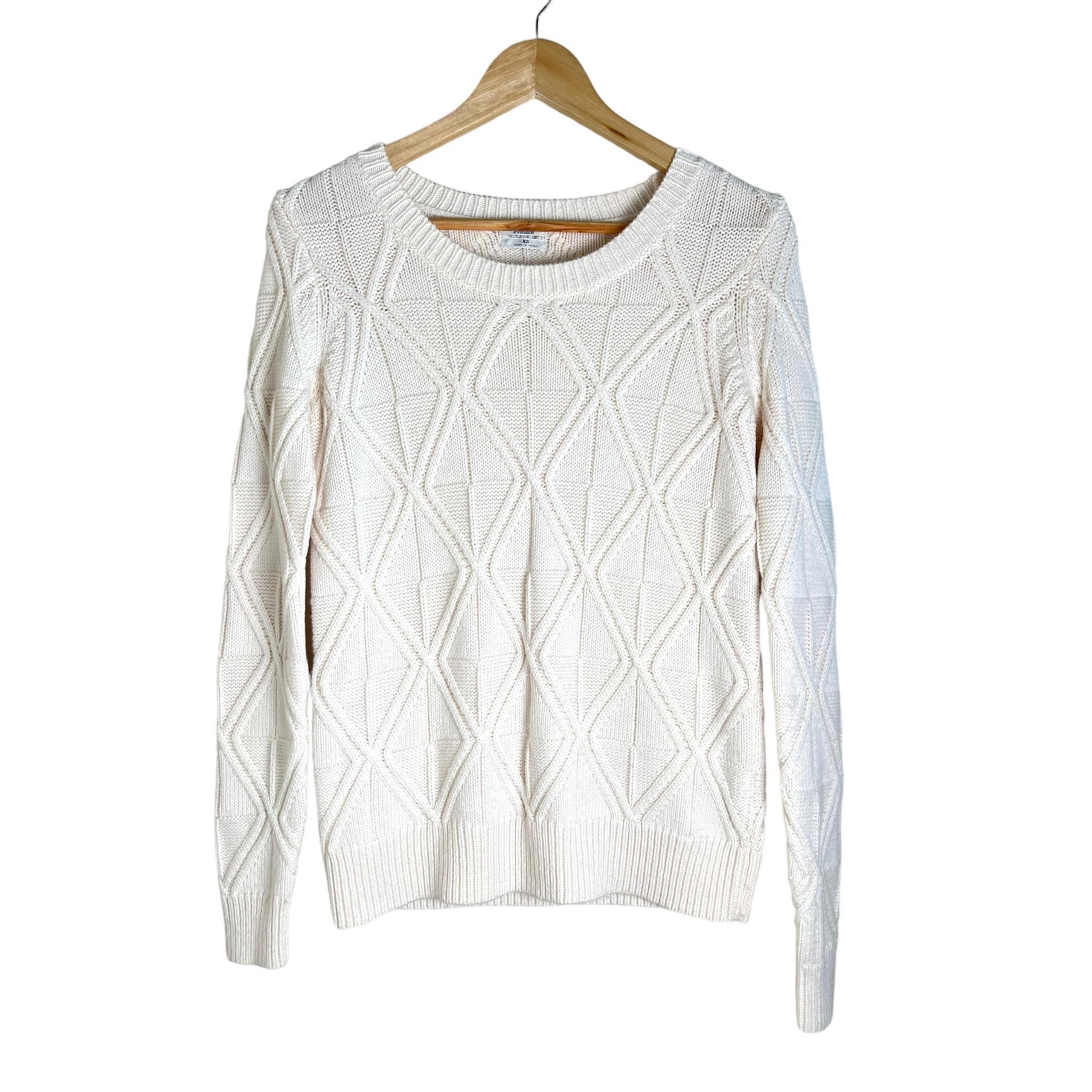 Wallace Women’s Cable Knit Ivory Merino Wool Blend Crewneck Sweater Size XS