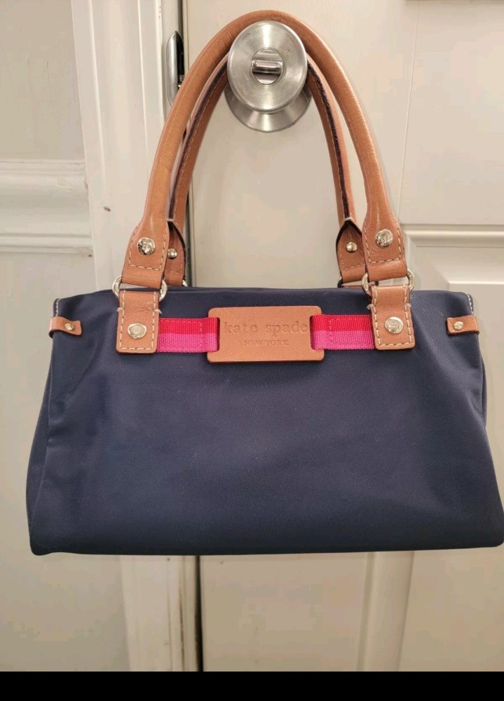 Y2K Kate Spade baguette Purse Hand Bag Nylon Pattern Leather Navy