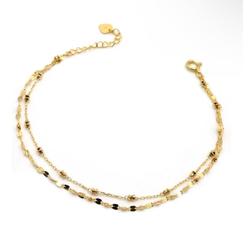 Intense Shine Faceted Beaded Dainty Double Chain Bracelet 18K Solid Yellow Gold