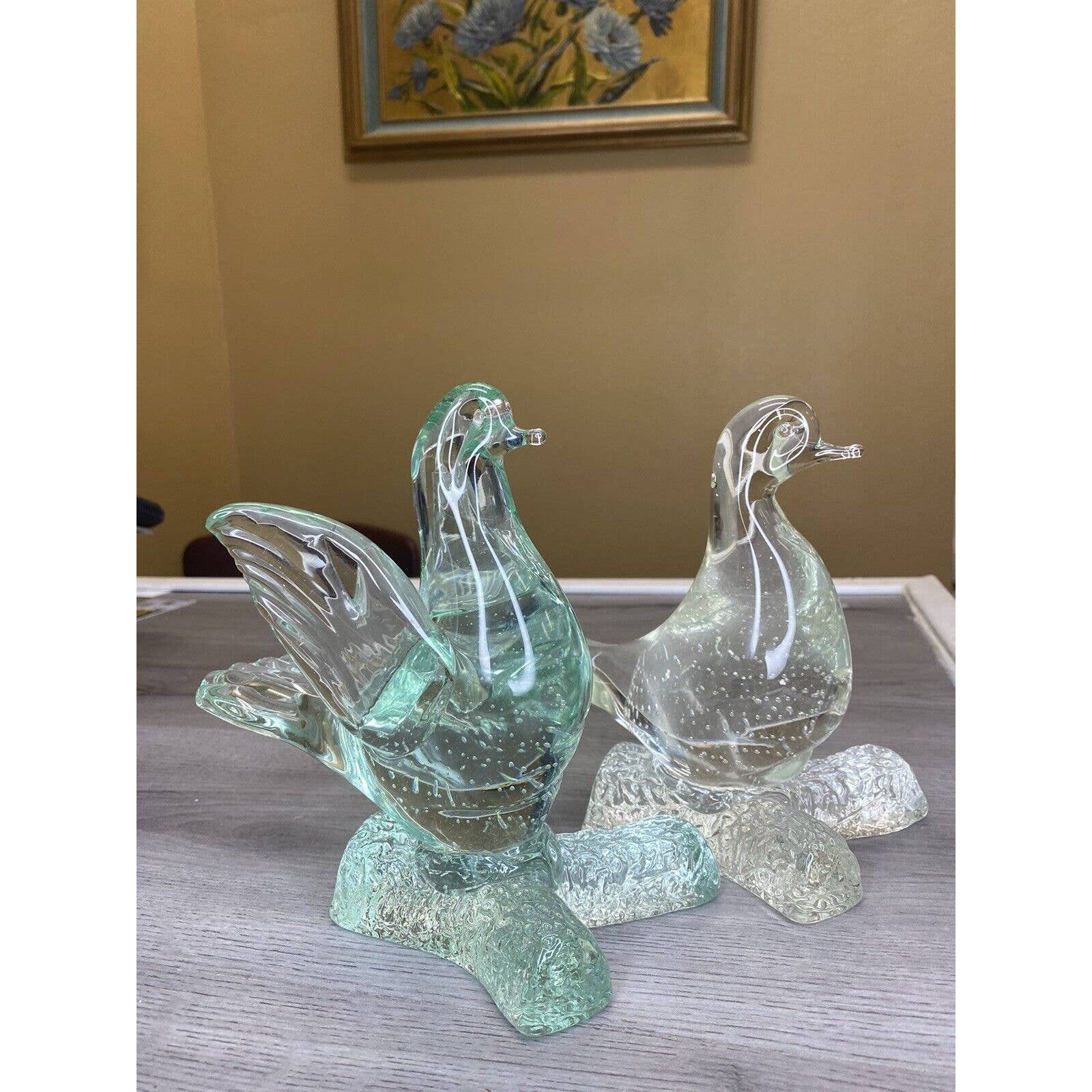 Vintage Murano Glass Doves On Branch Sculpture Blue/Green Controlled Bubbles