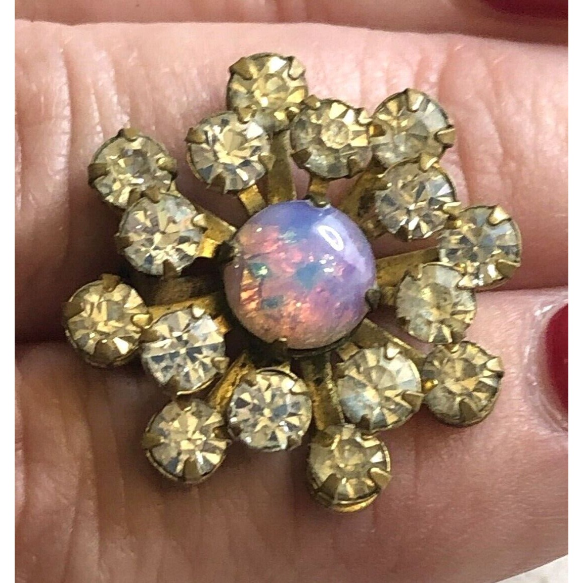 Vintage Harlequin Dragon's Breath Opal Glass & Rhinestone Prong Set Brooch