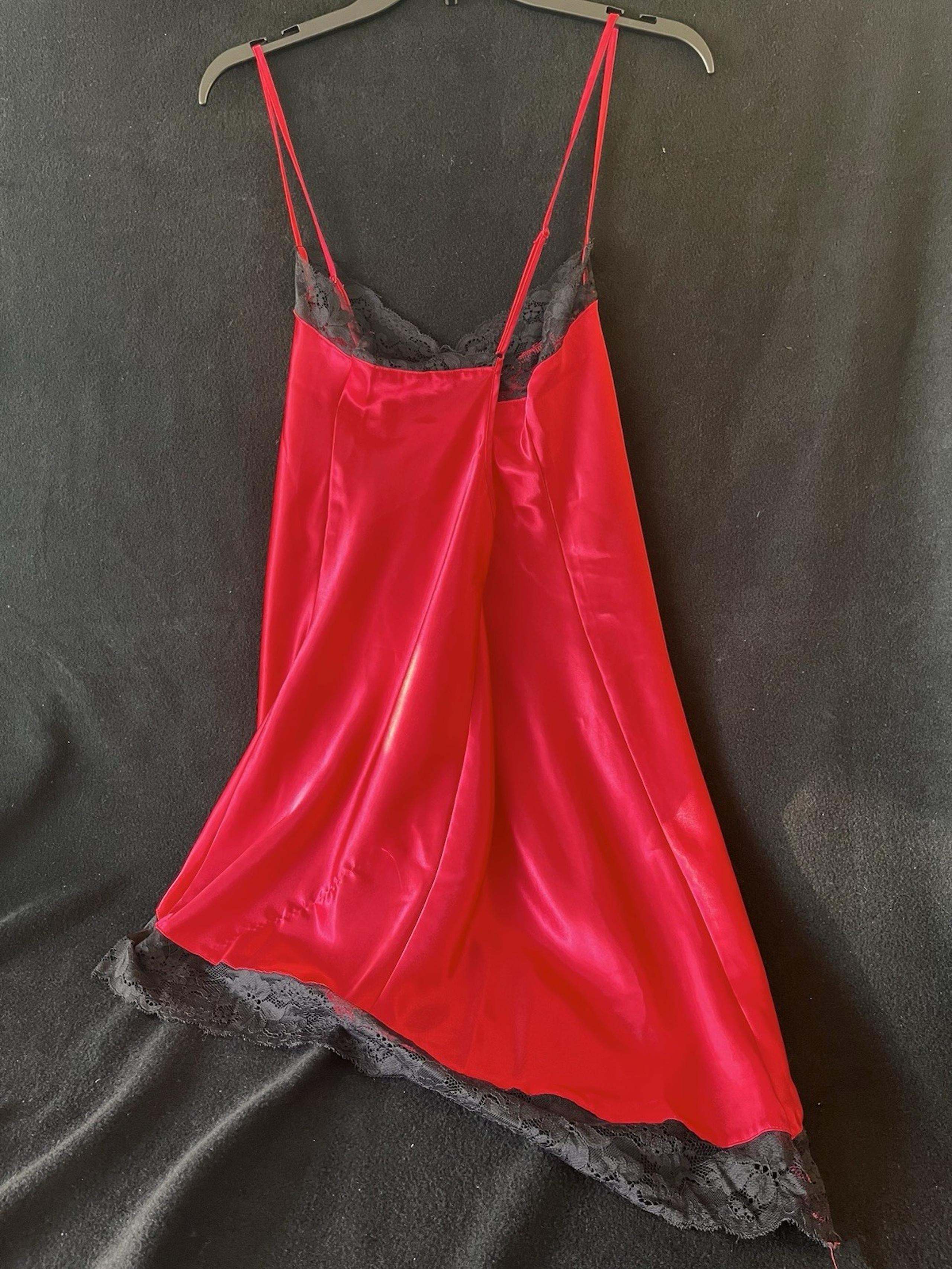 Fredericks Of Hollywood Red Slip Dress Camisole Nightgown With Black Lace Size L