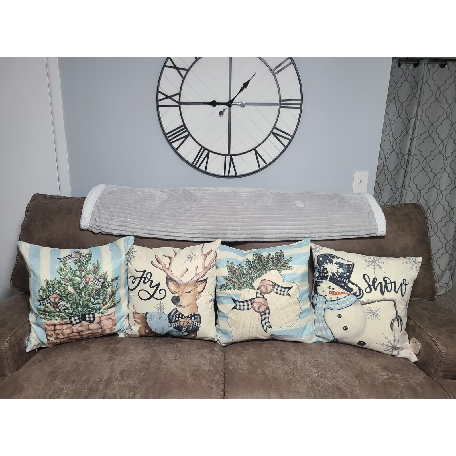 Colorlife Christmas Snowman Reindeer Gloves Blue Throw Pillow Cover 20 x 20 Inch