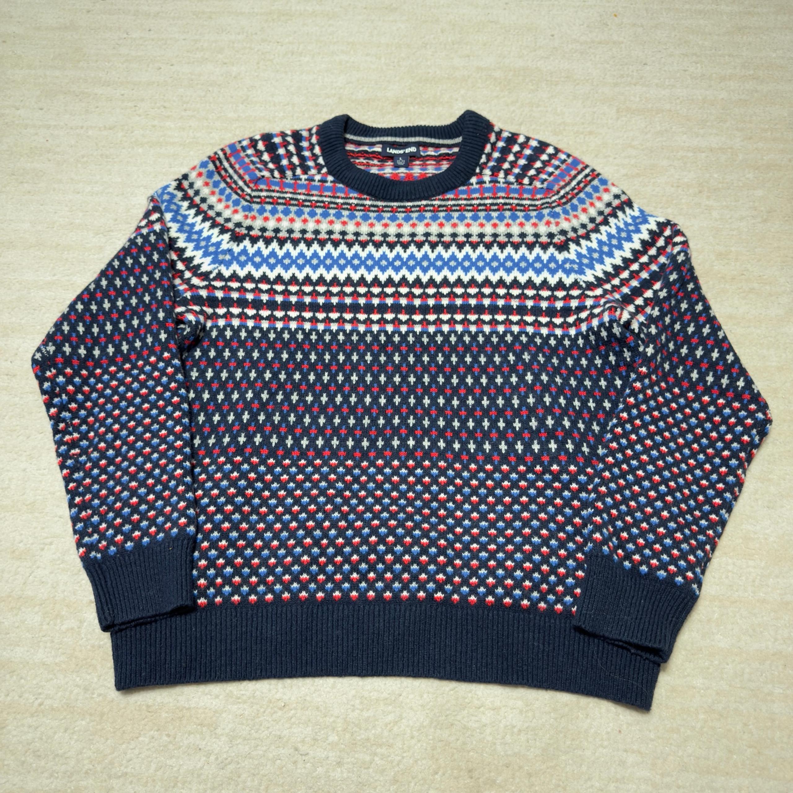 Lands End Wool Blend Fair Isle Sweater Men's Large Blue Red Preppy