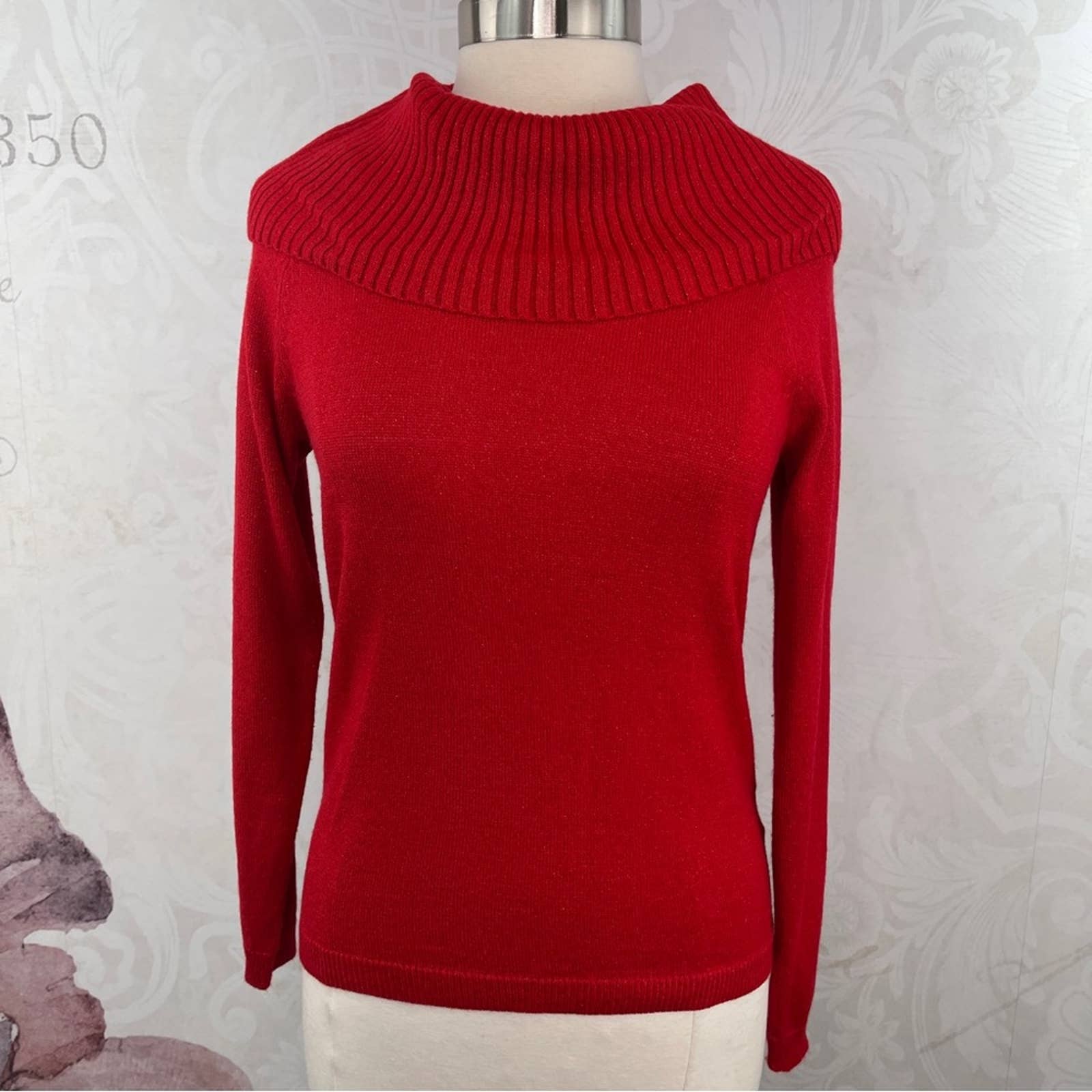 Covington Red Wide Neck Turtleneck Sweater Metallic Sparkle PETITE Small