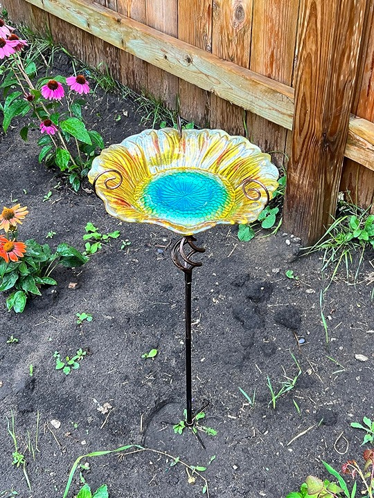 Glass Birdbath Sunflower Bird Feeders Bowl with Stake for Garden Yard Decor