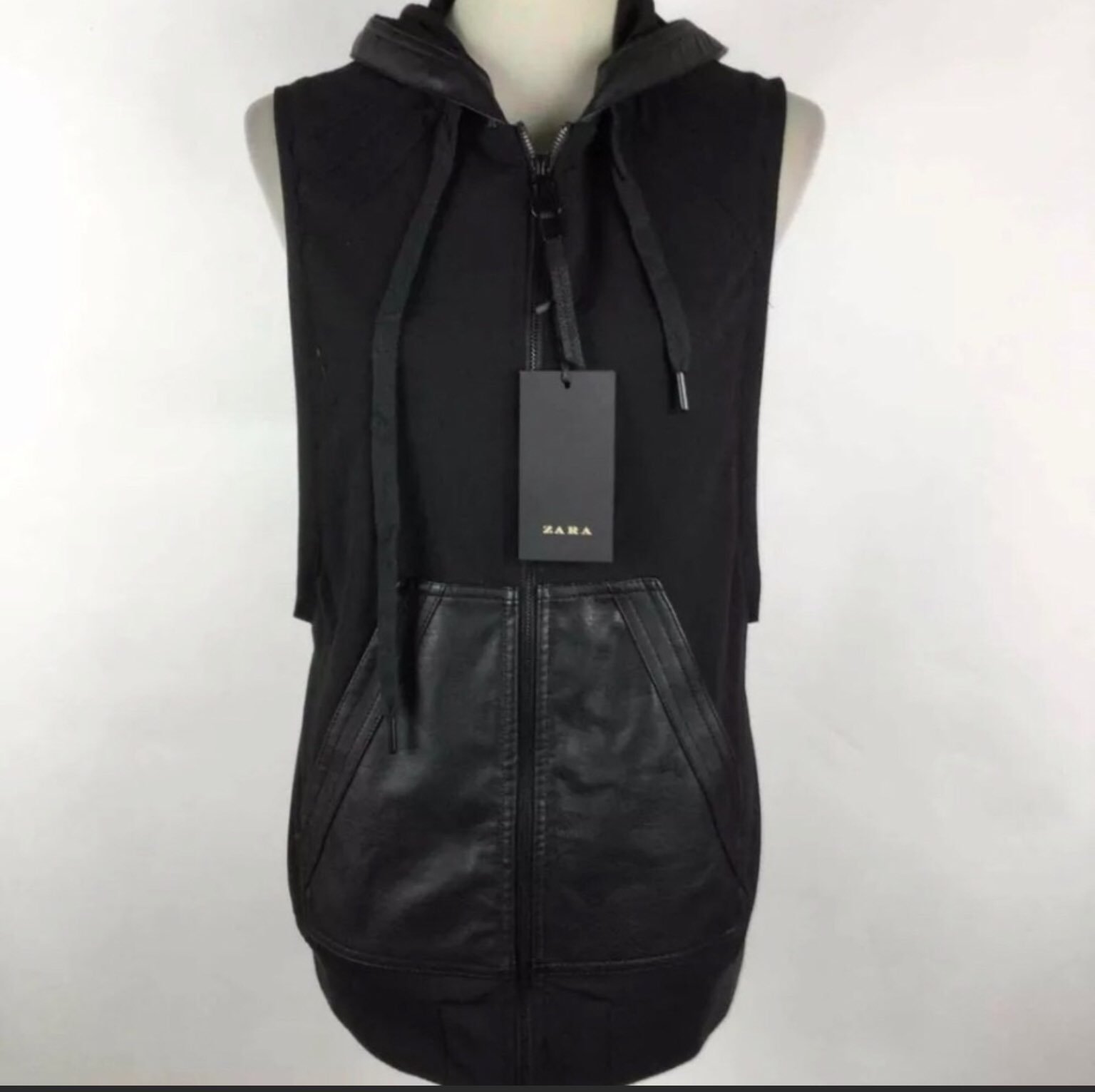 NWT Zara Black leather Trim Hooded Vest