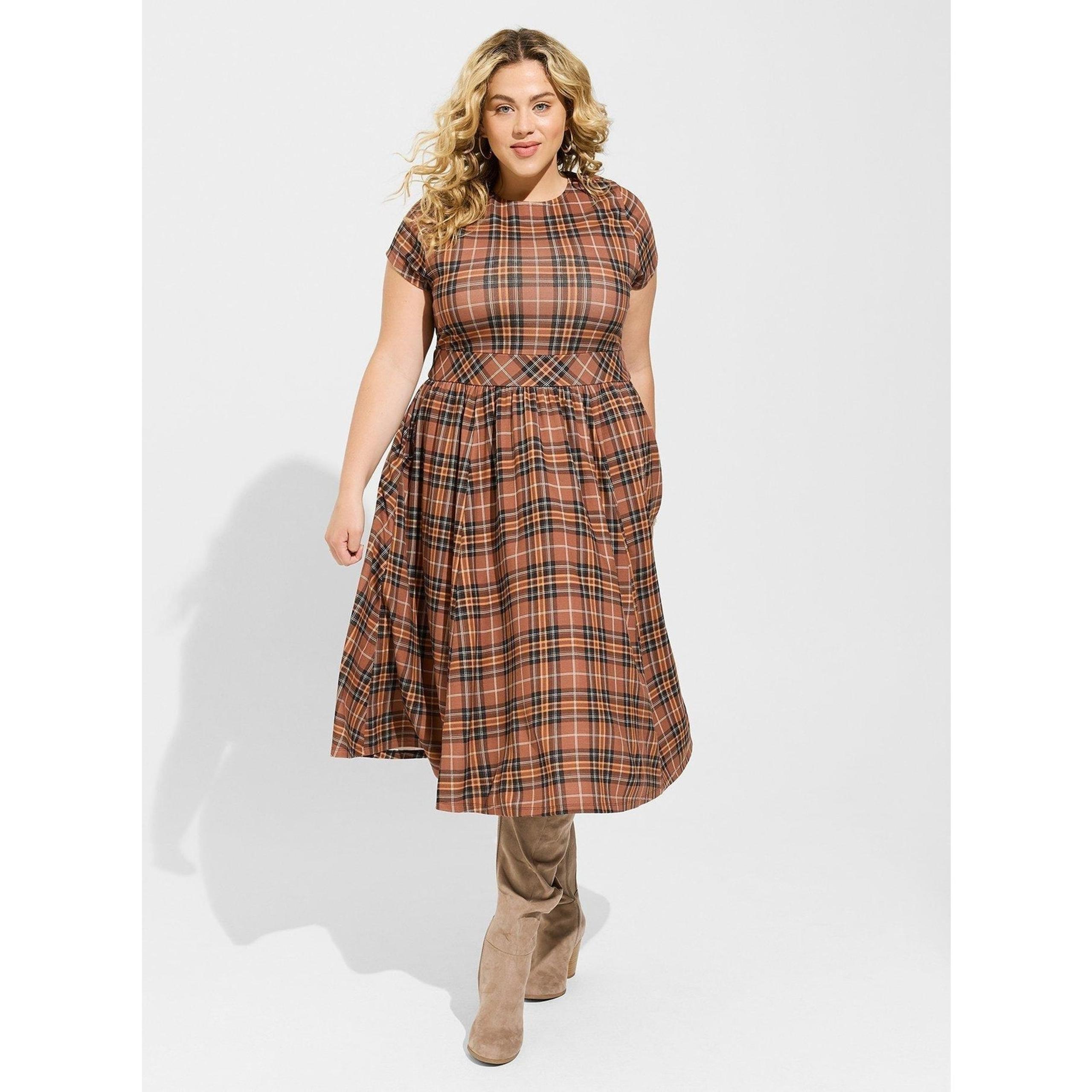 Torrid Plus Size 1X Plaid Midi Light Weight Studio Ponte Dress Brown