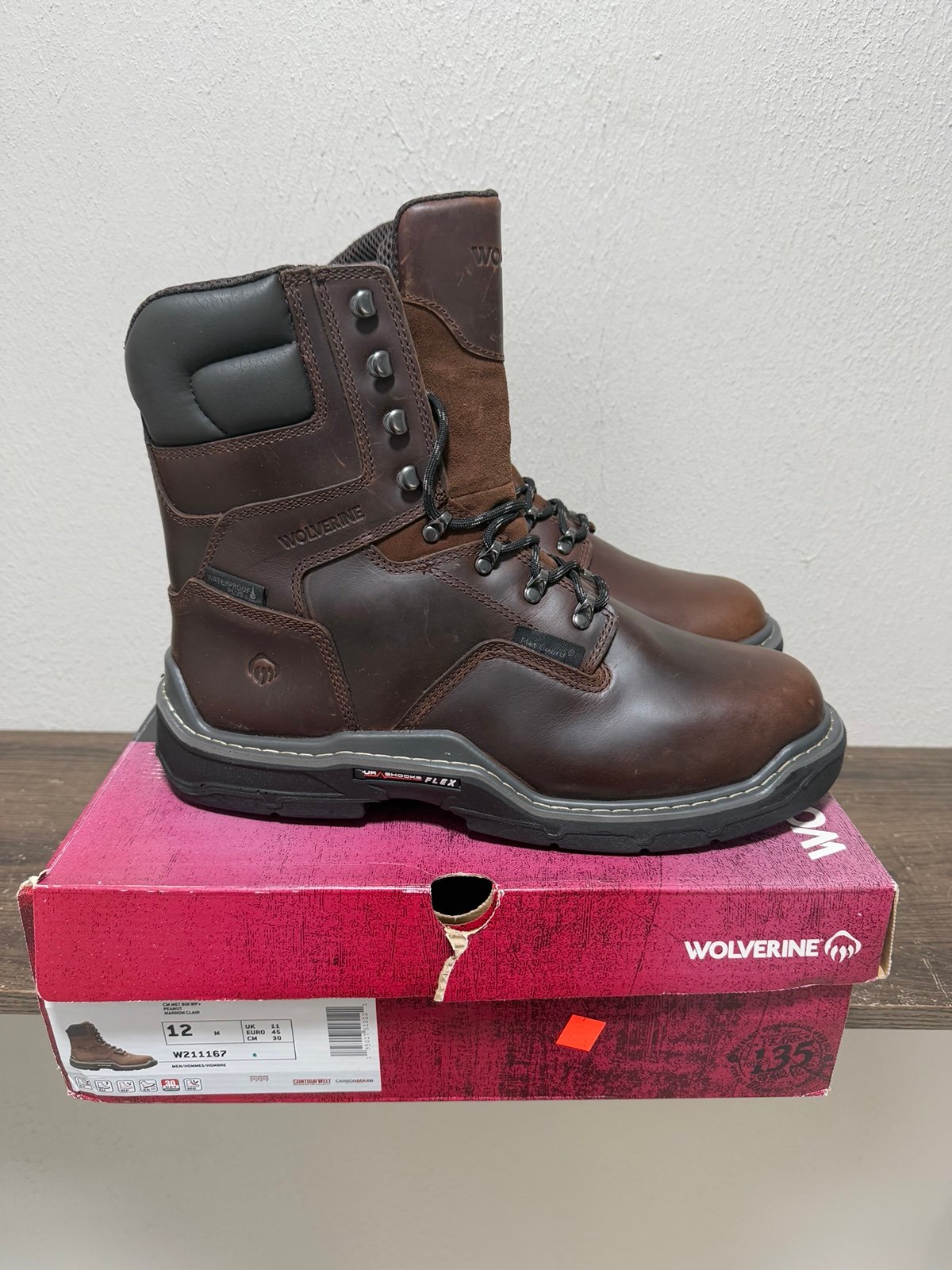 NEW Wolverine Raider DuraShock WP 8 Mens Brown Composite Toe Work Boots Sz 12 M