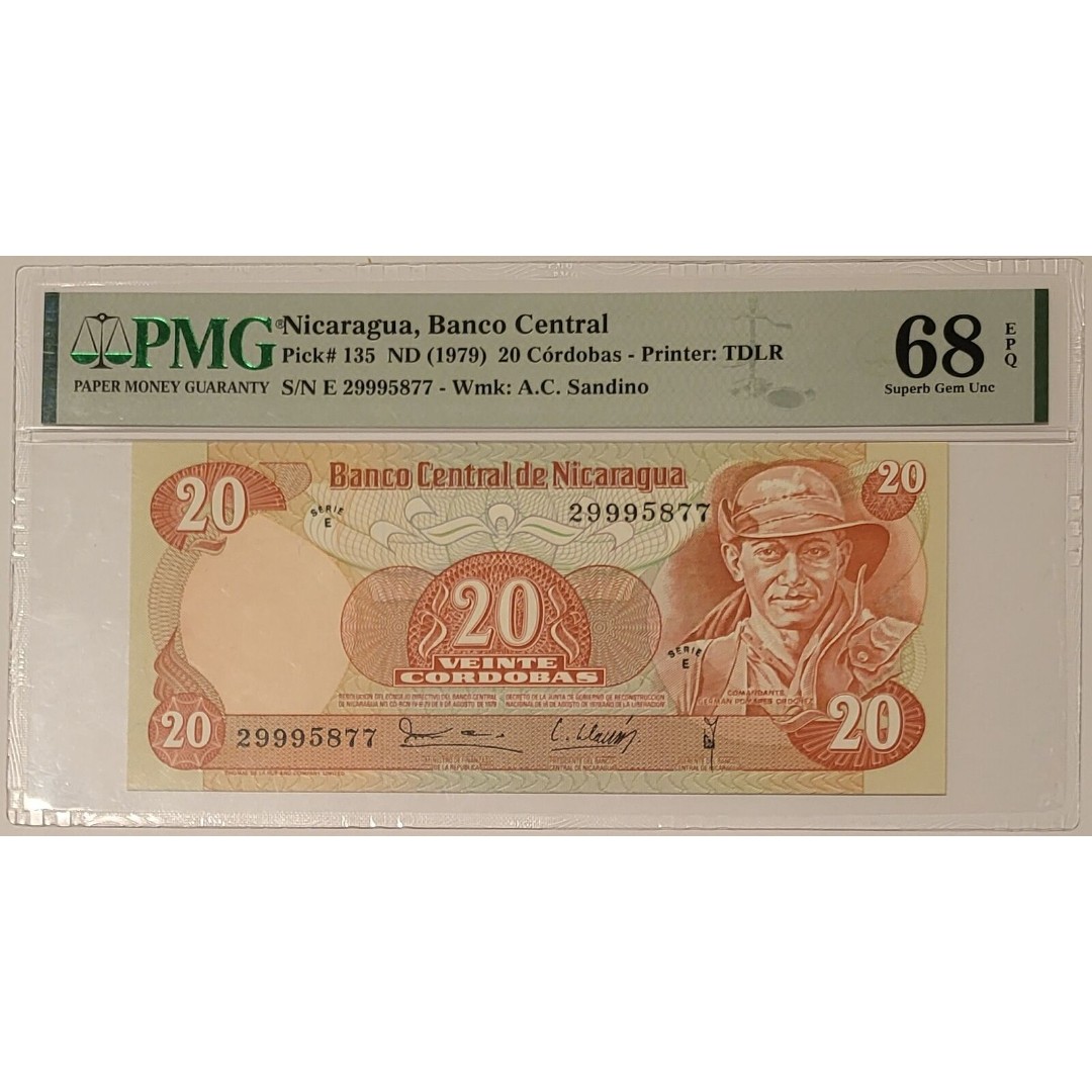 Nicaragua 1979 20 Cordobas Bank Note Superb Gem Unc 68 EPQ PMG