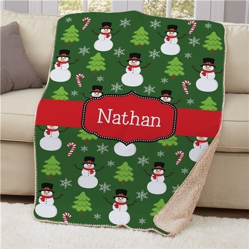 Personalized Snowman Trees Christmas Sherpa Blanket