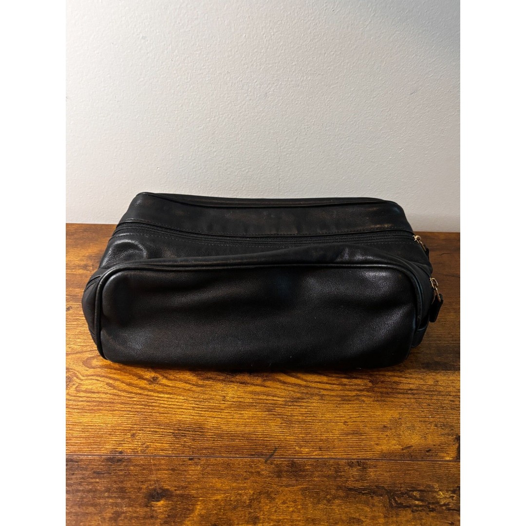 Vintage 90s Coach Large Black Leather Dopp Kit Double Zip Travel Toiletry Bag